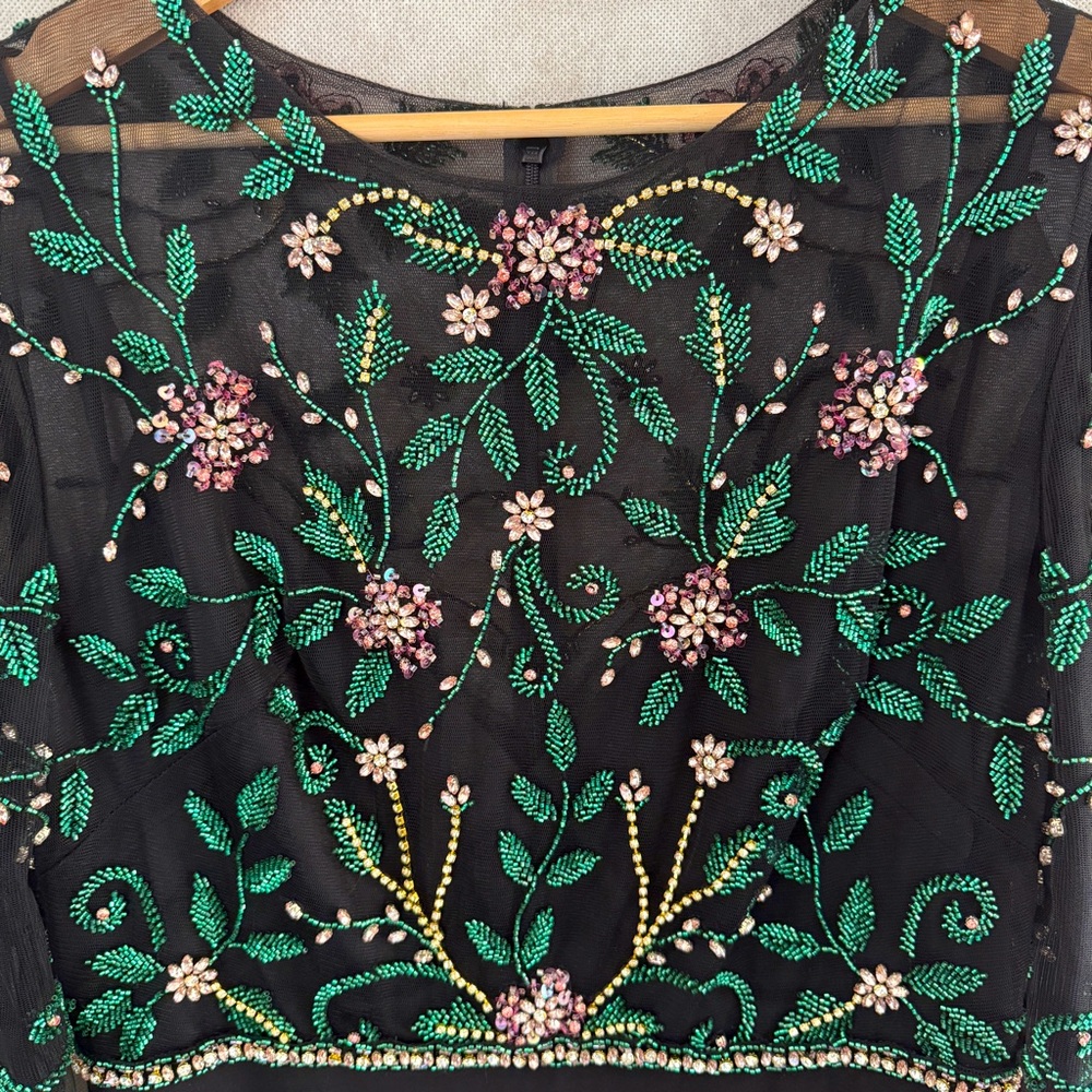 Mac Duggal Black Maxi Dress with Green Floral Embroidery - Picture 6 of 8